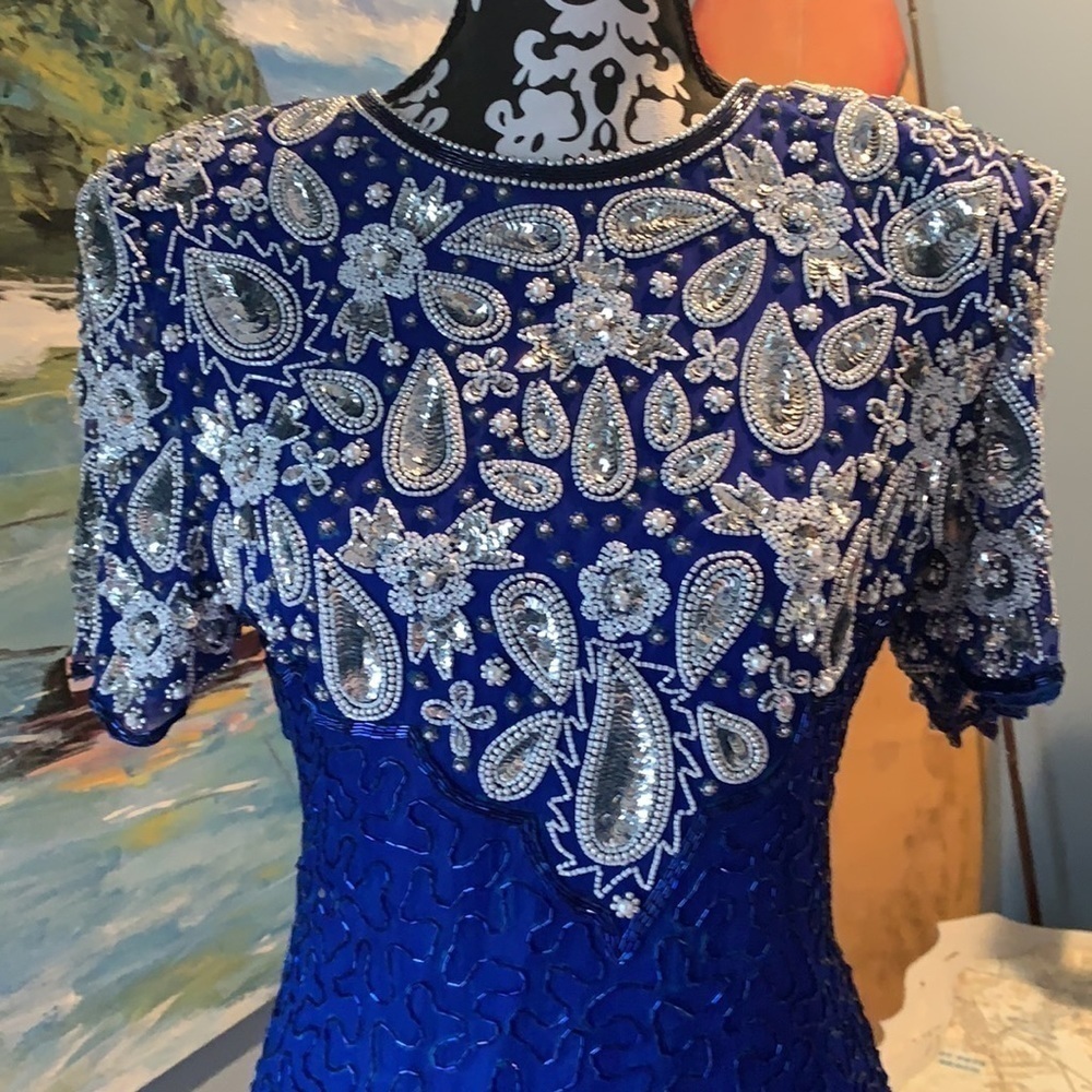 Vintage Laurence Kazar, Vibrant Beaded Blue Formal Cocktail Dress, Stunning! - Picture 2 of 8